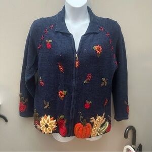 Navy Blue Embroidered Cardigan with Autumn Motifs Vintage Stitched Beaded Patch